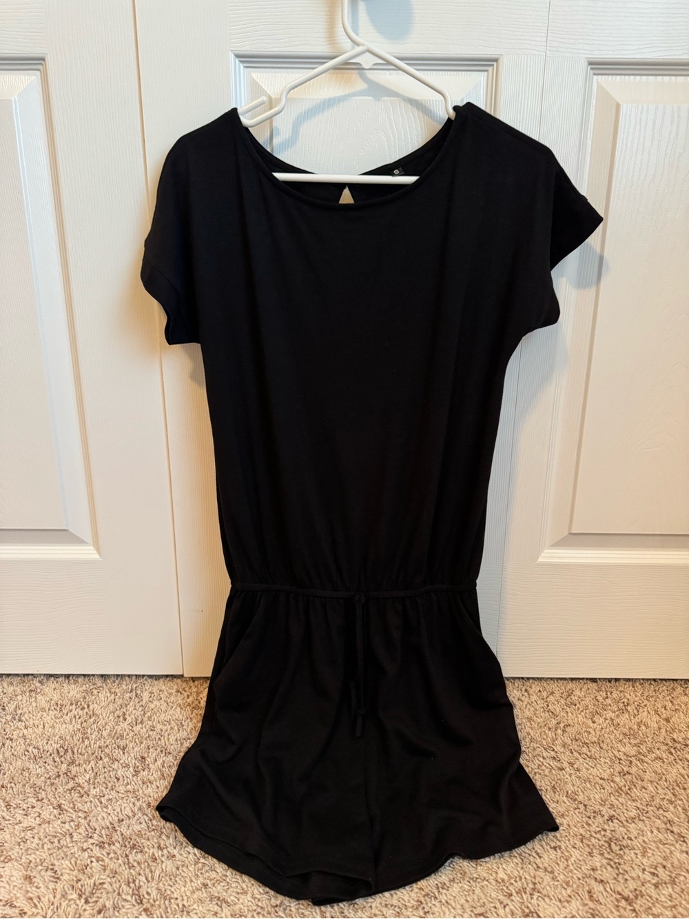 Anrabess Black Women's Short Sleeve Drawstring Romper